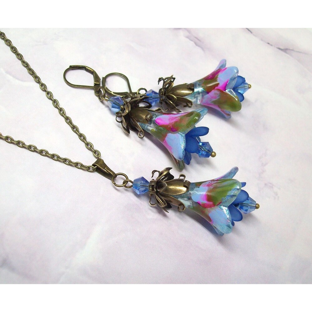 Floral Jewelry Set Art Nouveau, Earrings & Matching Necklace, Vintage Style, Ant